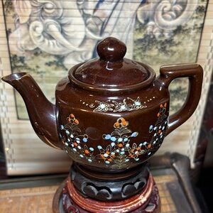 Hand Painted Teapot Creamer Brown Ceramic Floral 6”Lx4.25”Hx3.75”W Mid Century